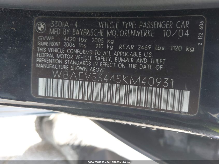 2005 BMW 330I VIN: WBAEV53445KM40931 Lot: 42061235