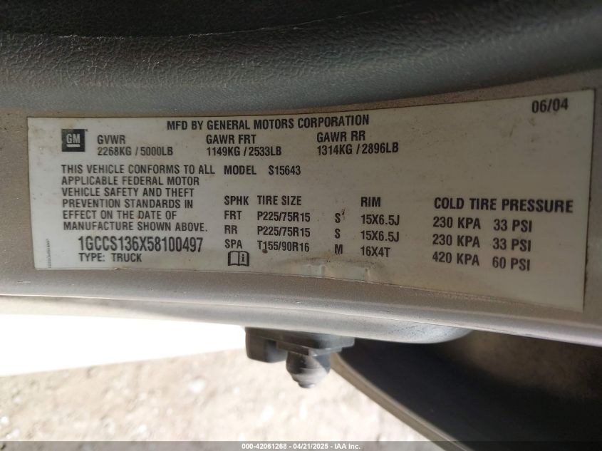 2005 Chevrolet Colorado Ls VIN: 1GCCS136X58100497 Lot: 42061268