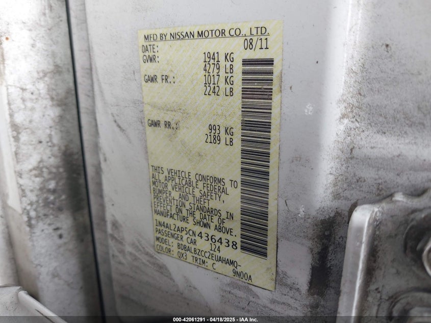 2012 NISSAN ALTIMA VIN: 1N4AL2AP5CN436438