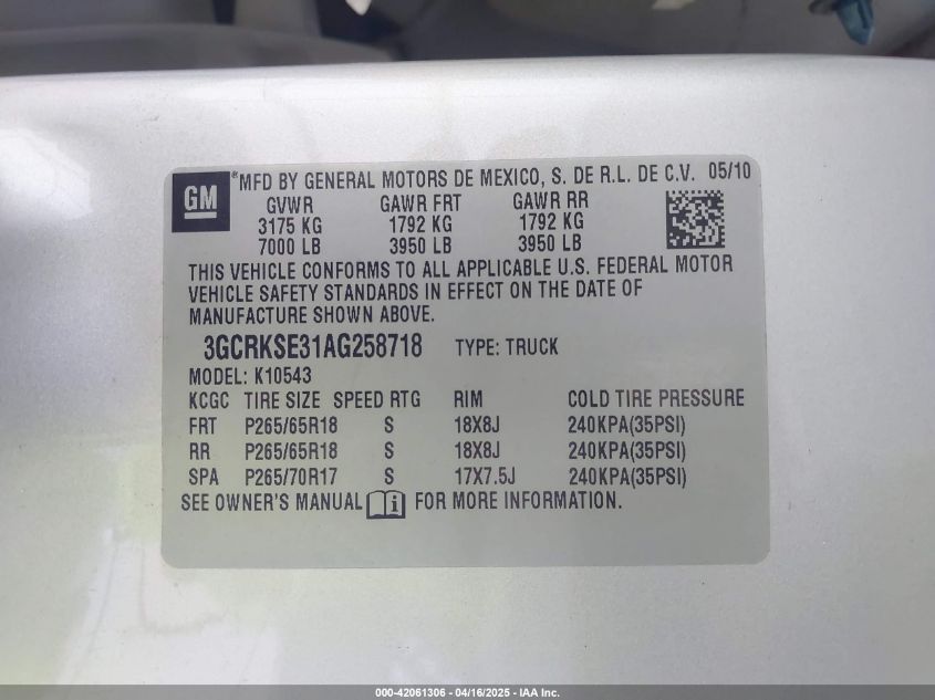 2010 Chevrolet Silverado 1500 Lt VIN: 3GCRKSE31AG258718 Lot: 42061306