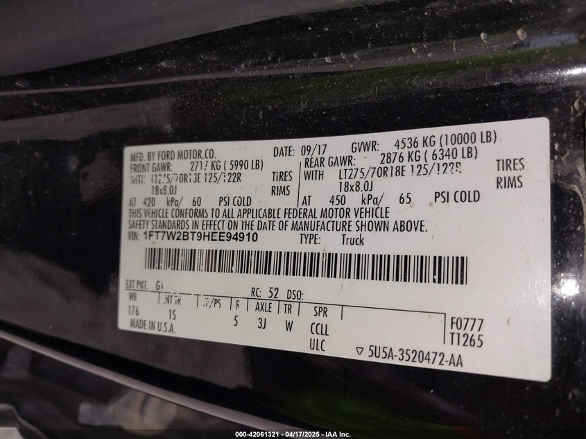 2017 FORD F250 VIN: 1FT7W2BT9HEE94910