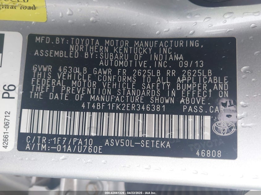 2014 TOYOTA CAMRY VIN: 4T4BF1FK2ER346381