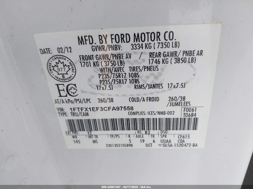2012 FORD F-150 VIN: 1FTFX1EF3CFA97558
