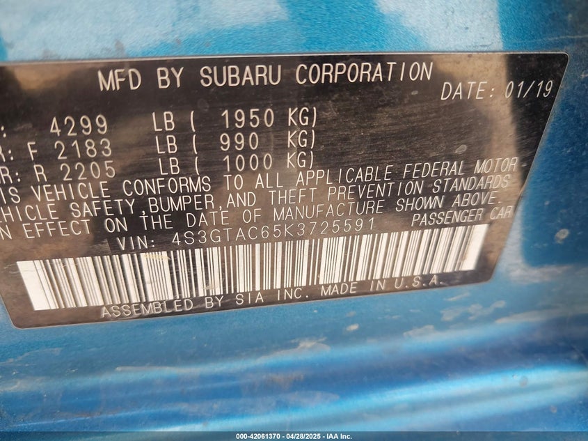 2019 SUBARU IMPREZA VIN: 4S3GTAC65K3725591
