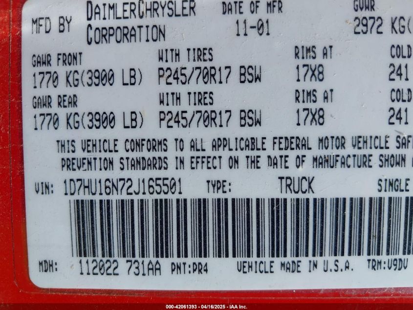 2002 Dodge Ram 1500 St VIN: 1D7HU16N72J165501 Lot: 42061393