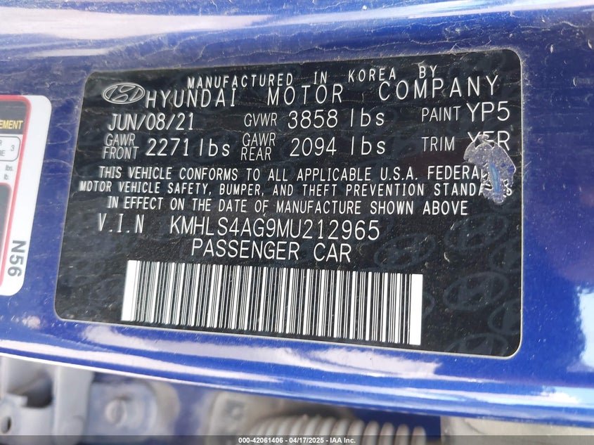 2021 HYUNDAI ELANTRA 2.0L I-4 DOHC, VVT, (VIN: KMHLS4AG9MU212965
