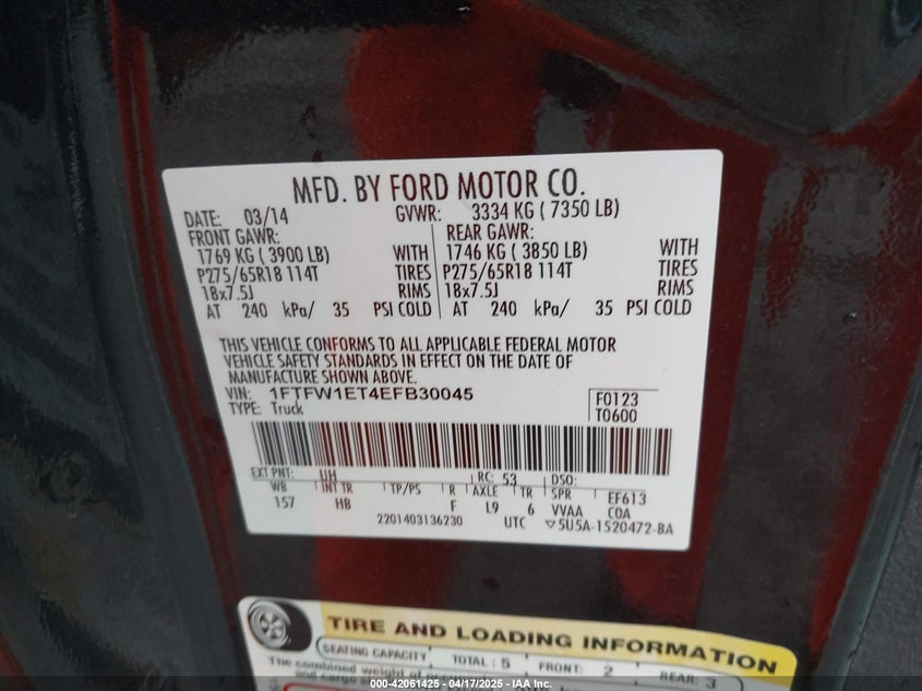 2014 FORD F-150 VIN: 1FTFW1ET4EFB30045