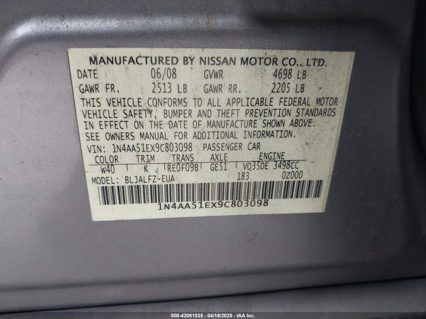 2009 NISSAN MAXIMA VIN: 1N4AA51EX9C803098