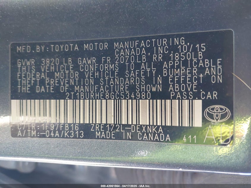 2016 TOYOTA COROLLA VIN: 2T1BURHE8GC534980