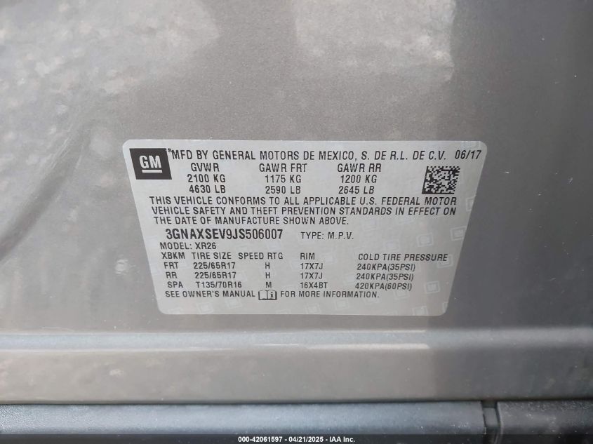 2018 Chevrolet Equinox Lt VIN: 3GNAXSEV9JS506007 Lot: 42061597