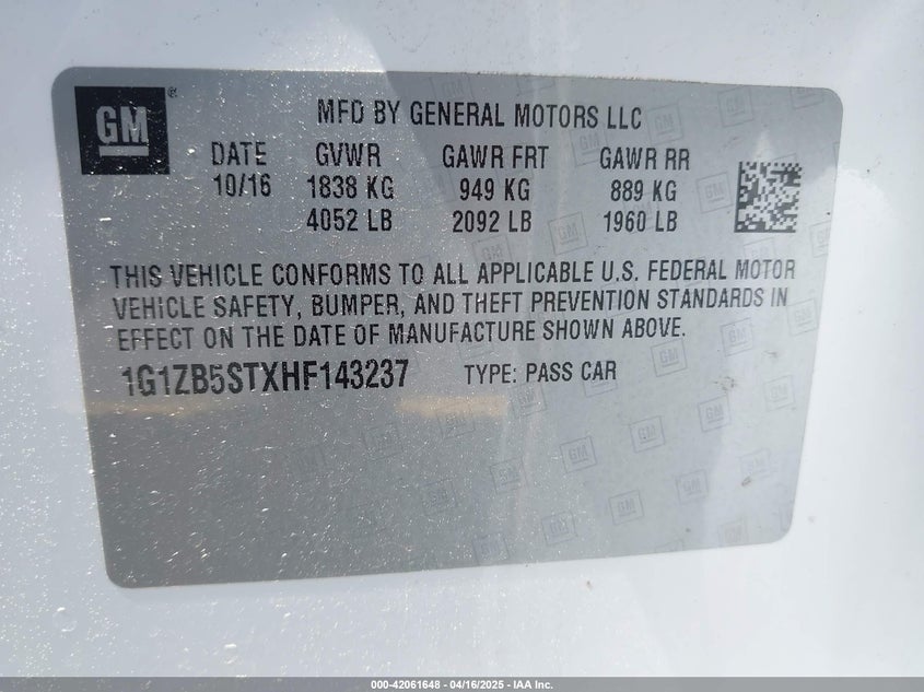 2017 CHEVROLET MALIBU VIN: 1G1ZB5STXHF143237