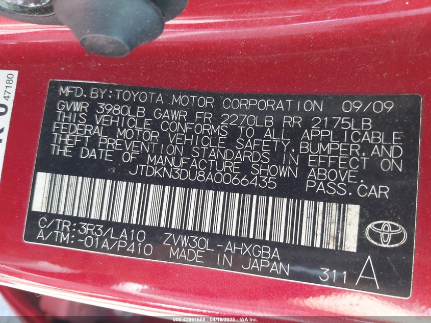 2010 TOYOTA PRIUS VIN: JTDKN3DU8A0066435