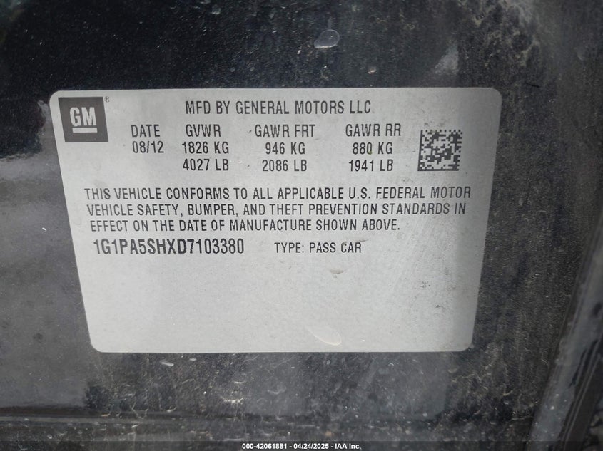 2013 CHEVROLET CRUZE VIN: 1G1PA5SHXD7103380