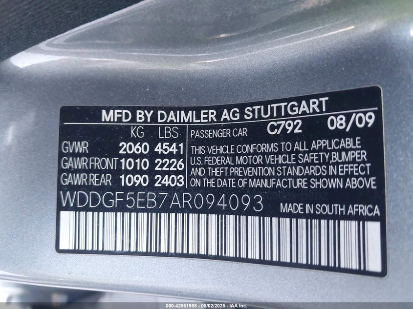 2010 MERCEDES-BENZ C 300 VIN: WDDGF5EB7AR094093