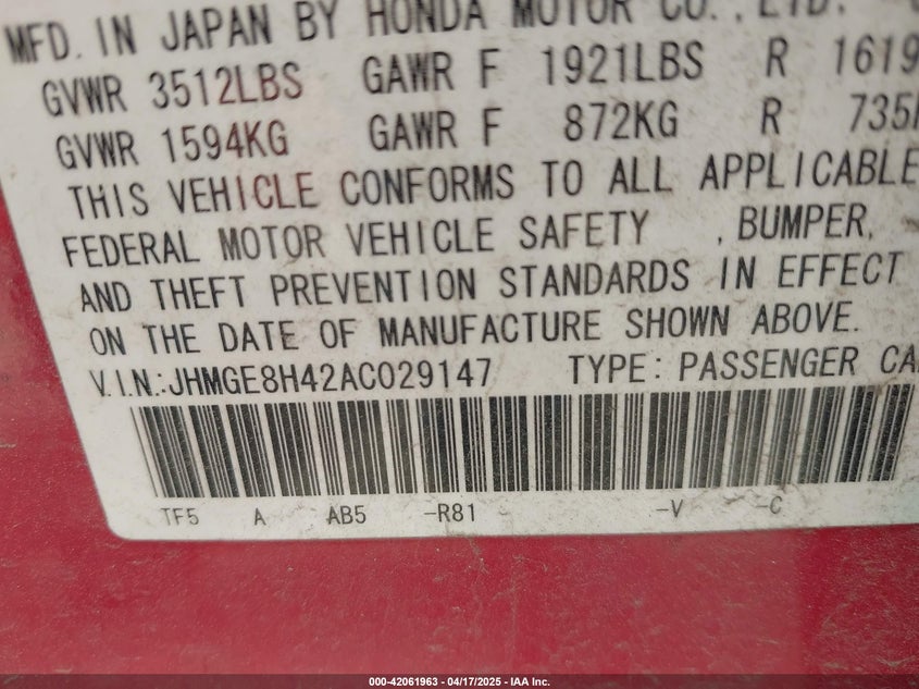 2010 HONDA FIT VIN: JHMGE8H42AC029147