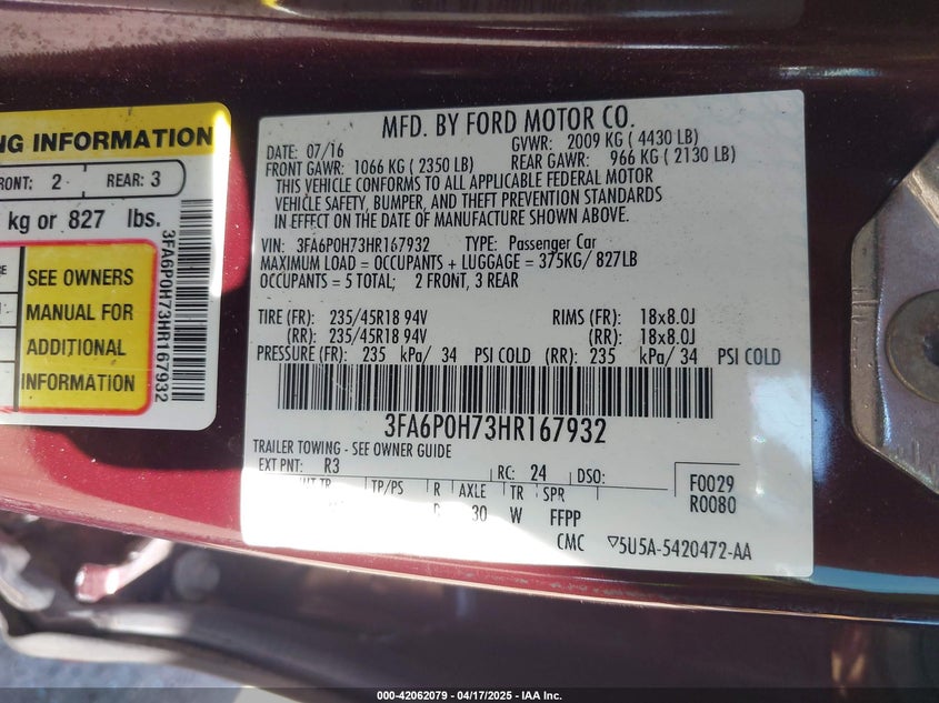 2017 FORD FUSION VIN: 3FA6P0H73HR167932