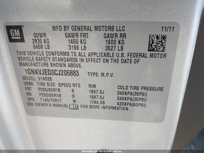2012 CHEVROLET TRAVERSE VIN: 1GNKVJED3CJ206883
