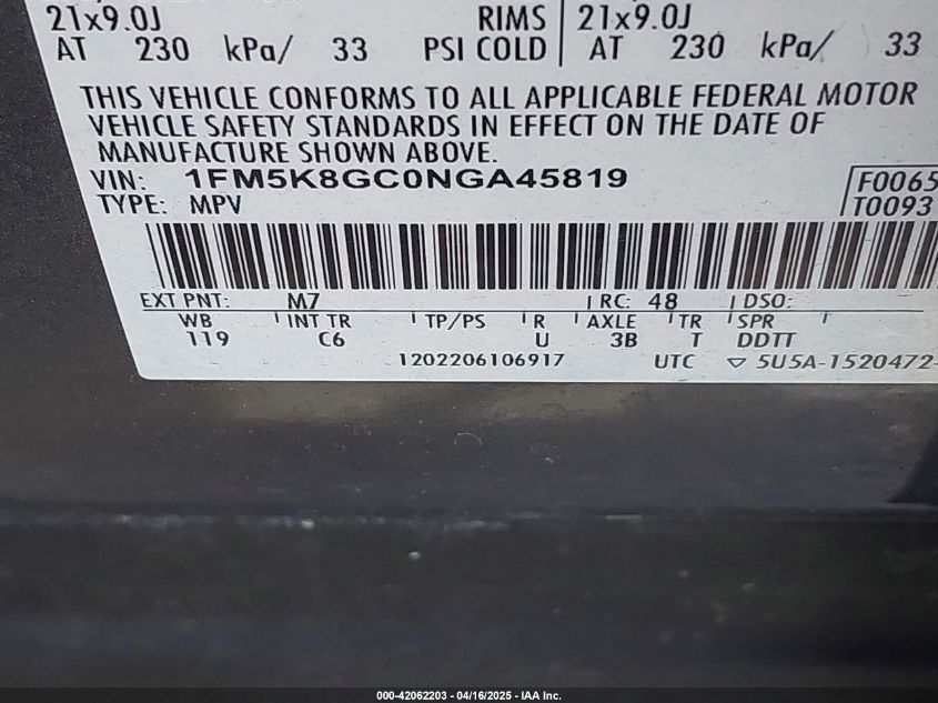 2022 Ford Explorer St VIN: 1FM5K8GC0NGA45819 Lot: 42062203