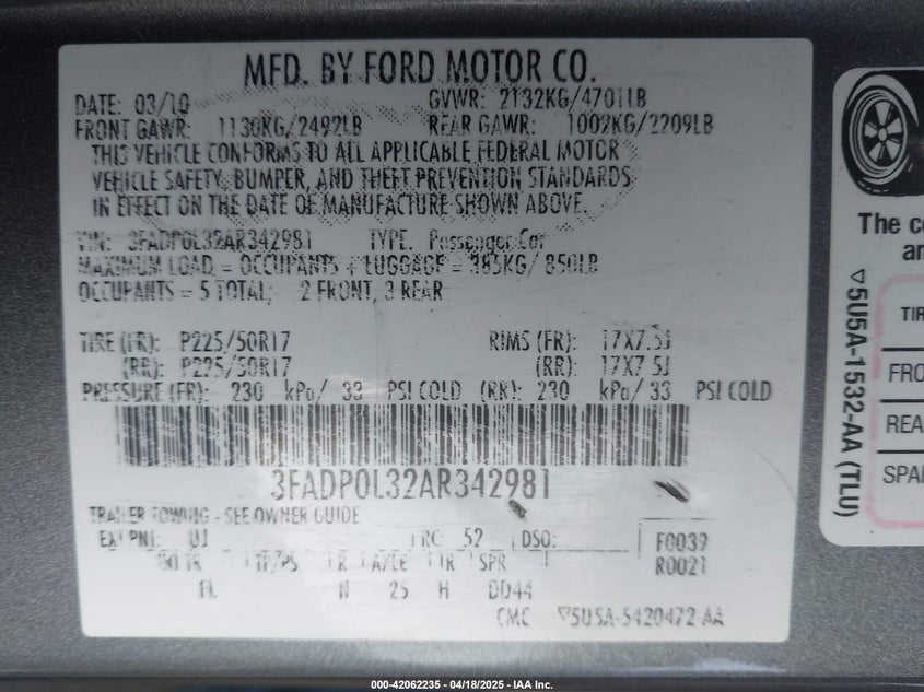 2010 FORD FUSION HYBRID VIN: 3FADP0L32AR342981