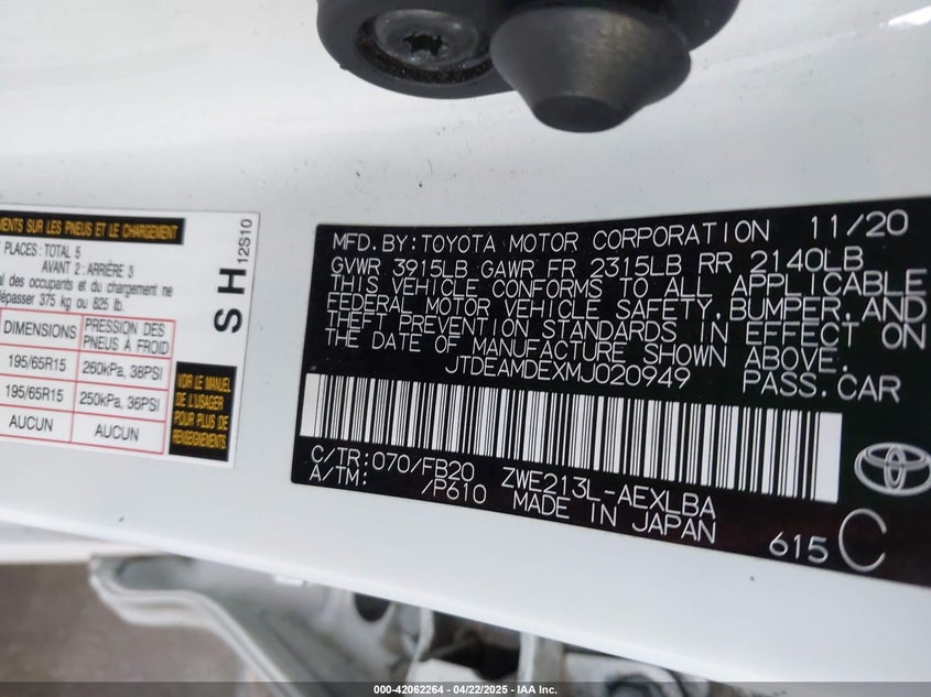 2021 TOYOTA COROLLA HYBRID LE - JTDEAMDEXMJ020949