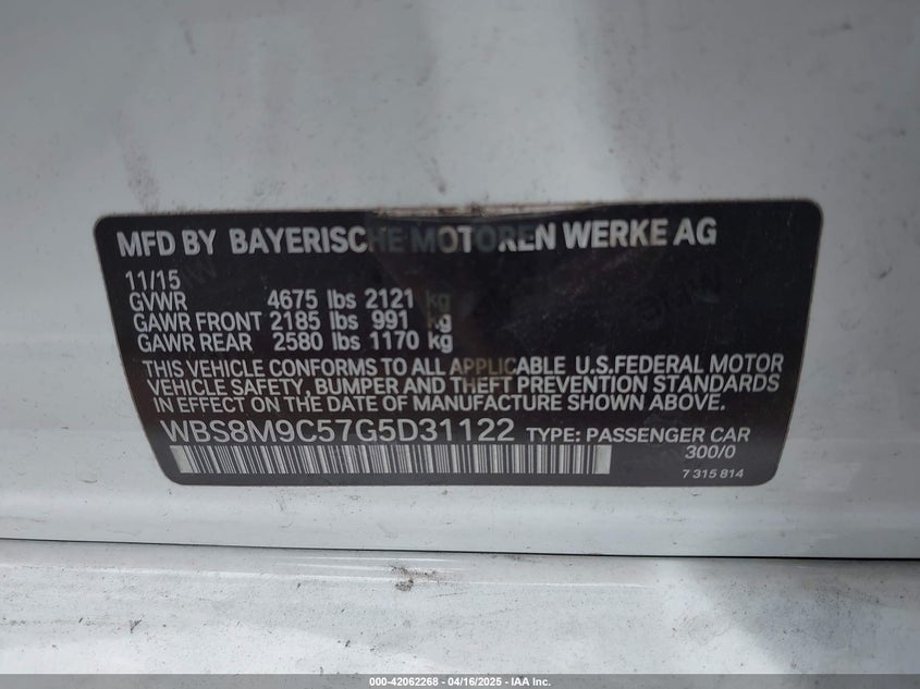 2016 BMW M3 VIN: WBS8M9C57G5D31122