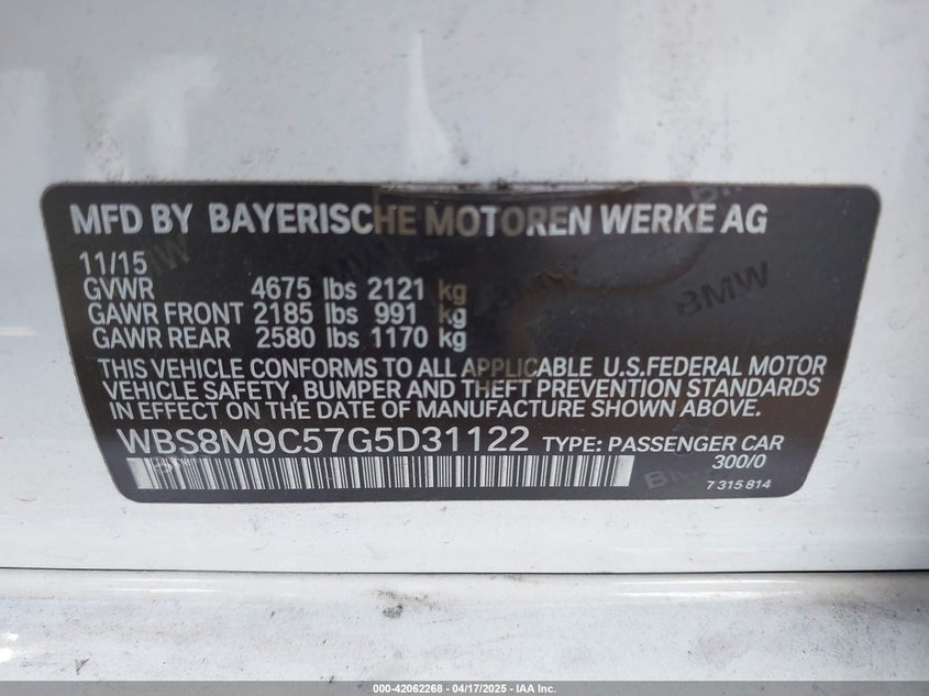 2016 BMW M3 VIN: WBS8M9C57G5D31122 Lot: 42062268