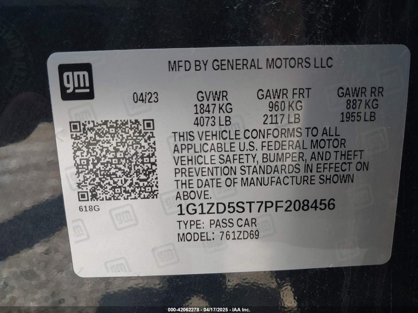 2023 CHEVROLET MALIBU VIN: 1G1ZD5ST7PF208456