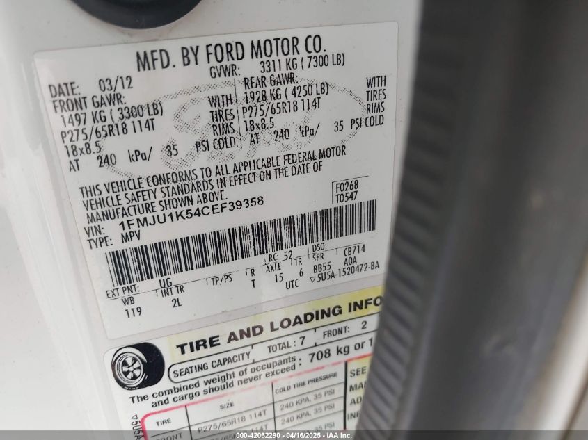 2012 Ford Expedition Limited VIN: 1FMJU1K54CEF39358 Lot: 42061701