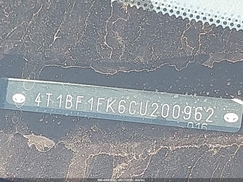 2012 Toyota Camry Le VIN: 4T1BF1FK6CU200962 Lot: 42062342