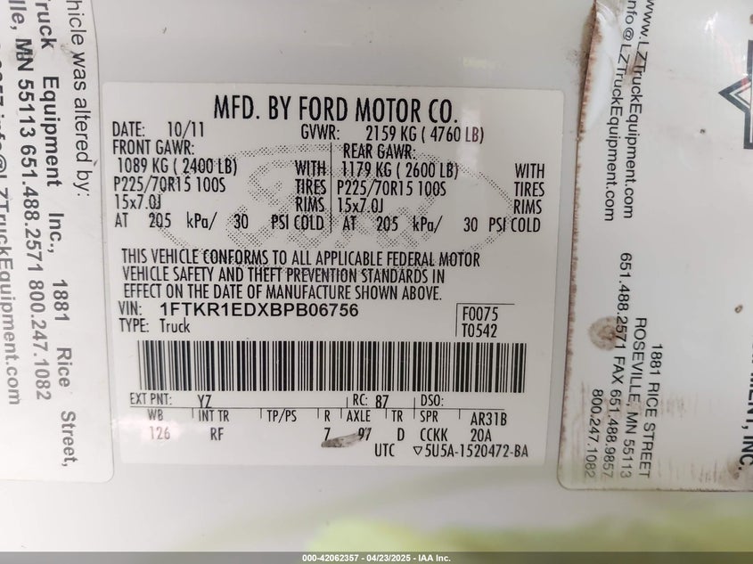 2011 FORD RANGER VIN: 1FTKR1EDXBPB06756