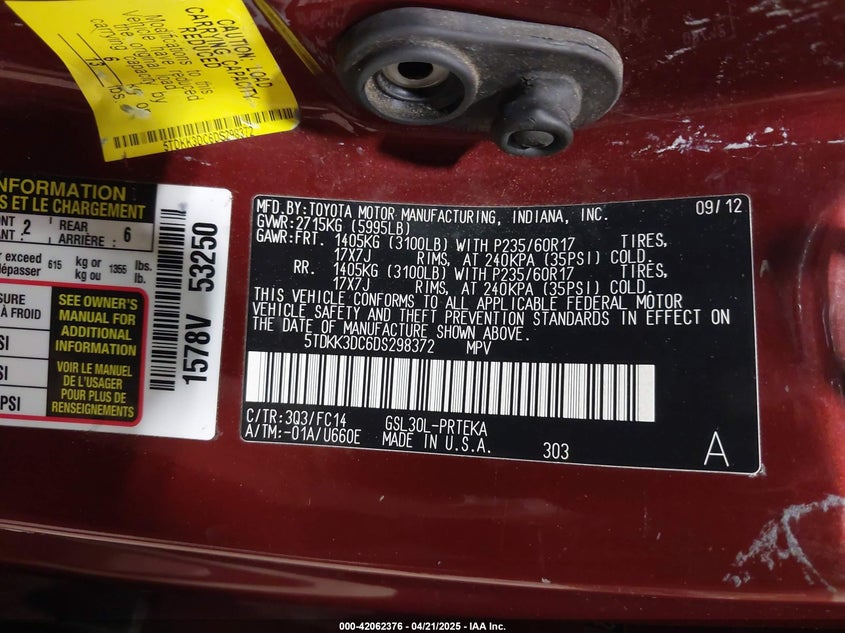2013 TOYOTA SIENNA VIN: 5TDKK3DC6DS298372