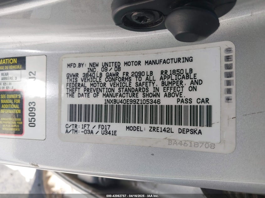 2009 TOYOTA COROLLA VIN: 1NXBU40E99Z105346