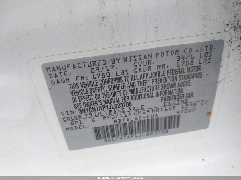 2018 NISSAN VERSA VIN: 3N1CN7AP1JL823708