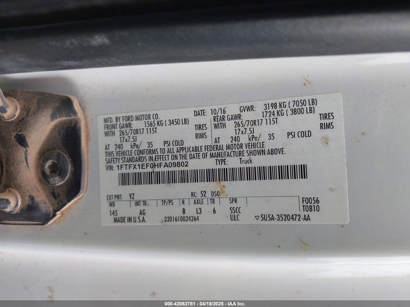 2017 FORD F-150 VIN: 1FTFX1EF0HFA09802