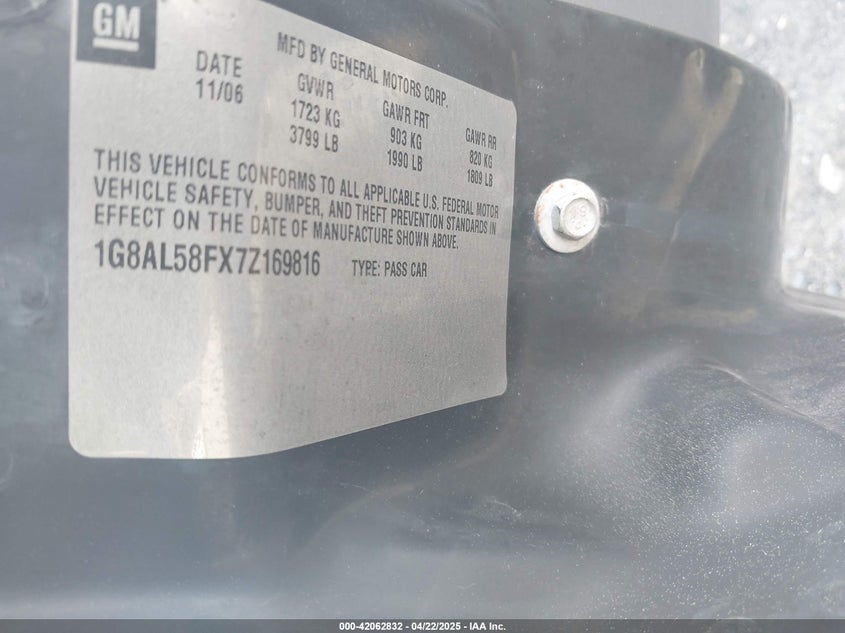 2007 SATURN ION VIN: 1G8AL58FX7Z169816