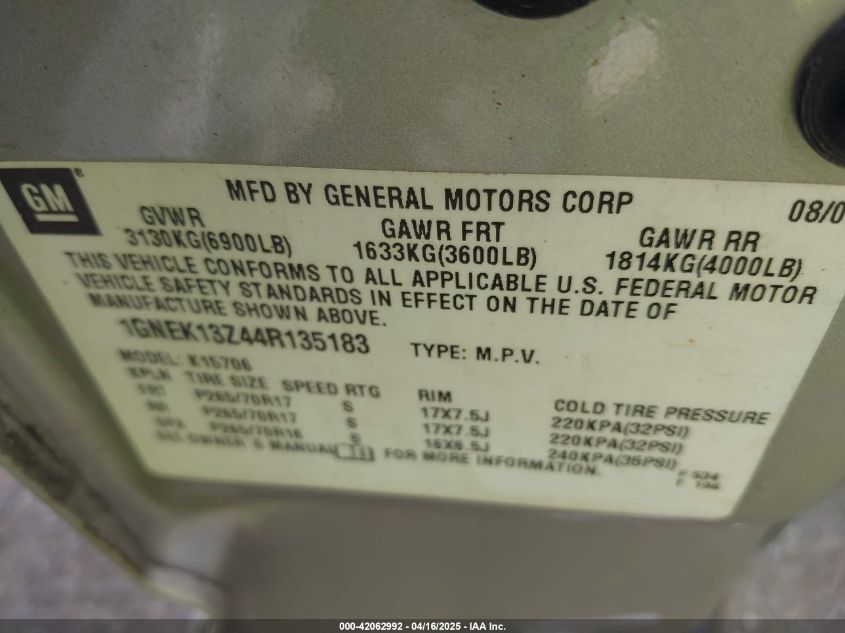 2004 Chevrolet Tahoe Lt VIN: 1GNEK13Z44R135183 Lot: 42062992