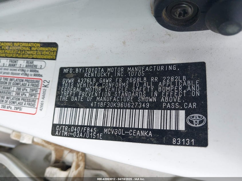 2006 TOYOTA CAMRY VIN: 4T1BF30K96U627349