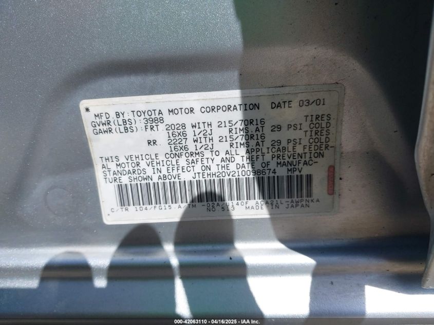 2001 Toyota Rav4 VIN: JTEHH20V210098674 Lot: 42063110