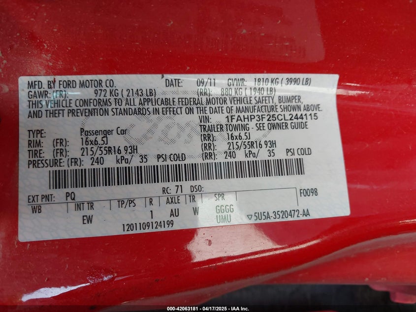 2012 FORD FOCUS VIN: 1FAHP3F25CL244115
