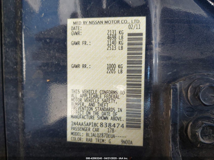 2011 NISSAN MAXIMA VIN: 1N4AA5AP1BC838474
