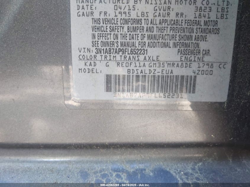 2015 Nissan Sentra Fe+ S/S/Sl/Sr/Sv VIN: 3N1AB7AP9FL652231 Lot: 42063269