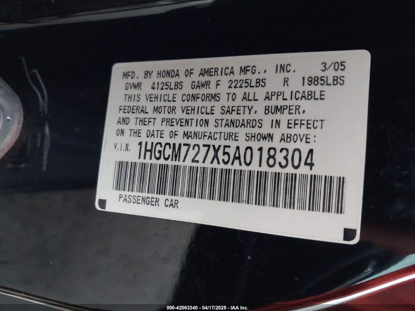 2005 Honda Accord 2.4 Ex VIN: 1HGCM727X5A018304 Lot: 42063340