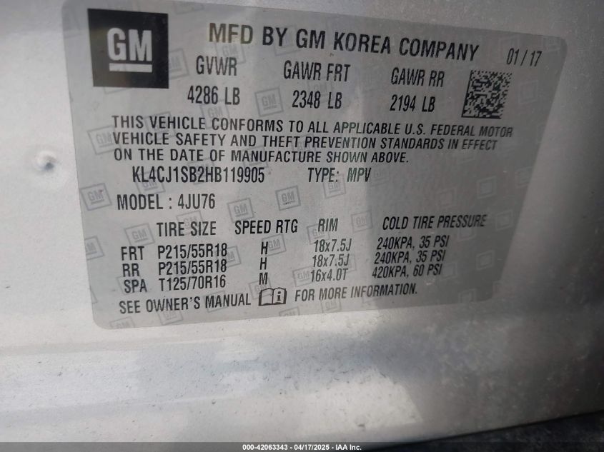 2017 Buick Encore VIN: KL4CJ1SB2HB119905 Lot: 42063343