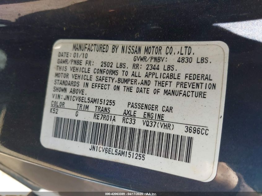 2010 Infiniti G37X VIN: JN1CV6EL5AM151255 Lot: 42063389