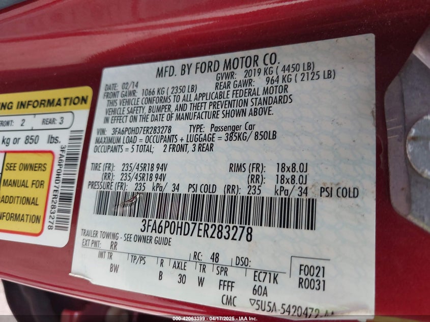 2014 FORD FUSION VIN: 3FA6P0HD7ER283278