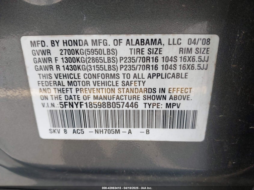 2008 Honda Pilot Ex-L VIN: 5FNYF18598B057446 Lot: 42063418