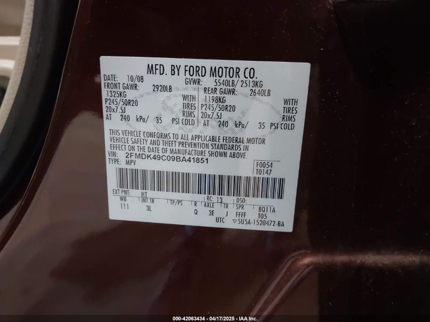 2009 Ford Edge Limited VIN: 2FMDK49C09BA41851 Lot: 42063434