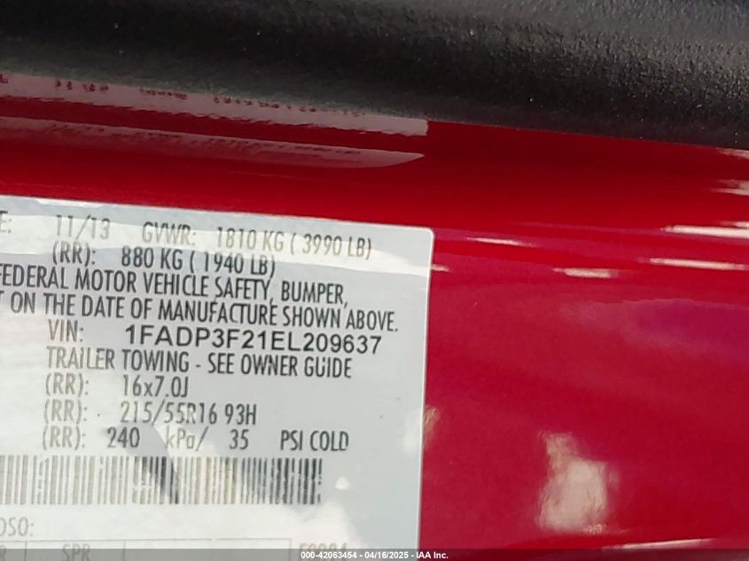 2014 Ford Focus Se VIN: 1FADP3F21EL209637 Lot: 42063454