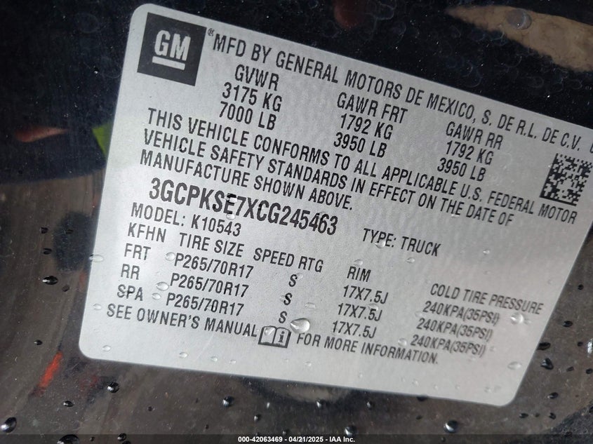 2012 CHEVROLET SILVERADO 1500 VIN: 3GCPKSE7XCG245463