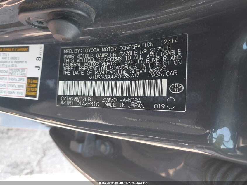 2015 TOYOTA PRIUS VIN: JTDKN3DU0F0435747